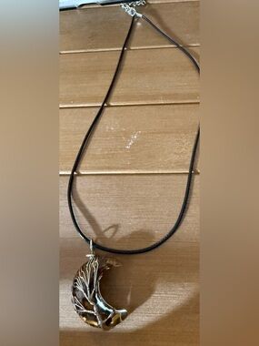 Black Cord Necklace with Gold-Tone Crescent moon Pendant